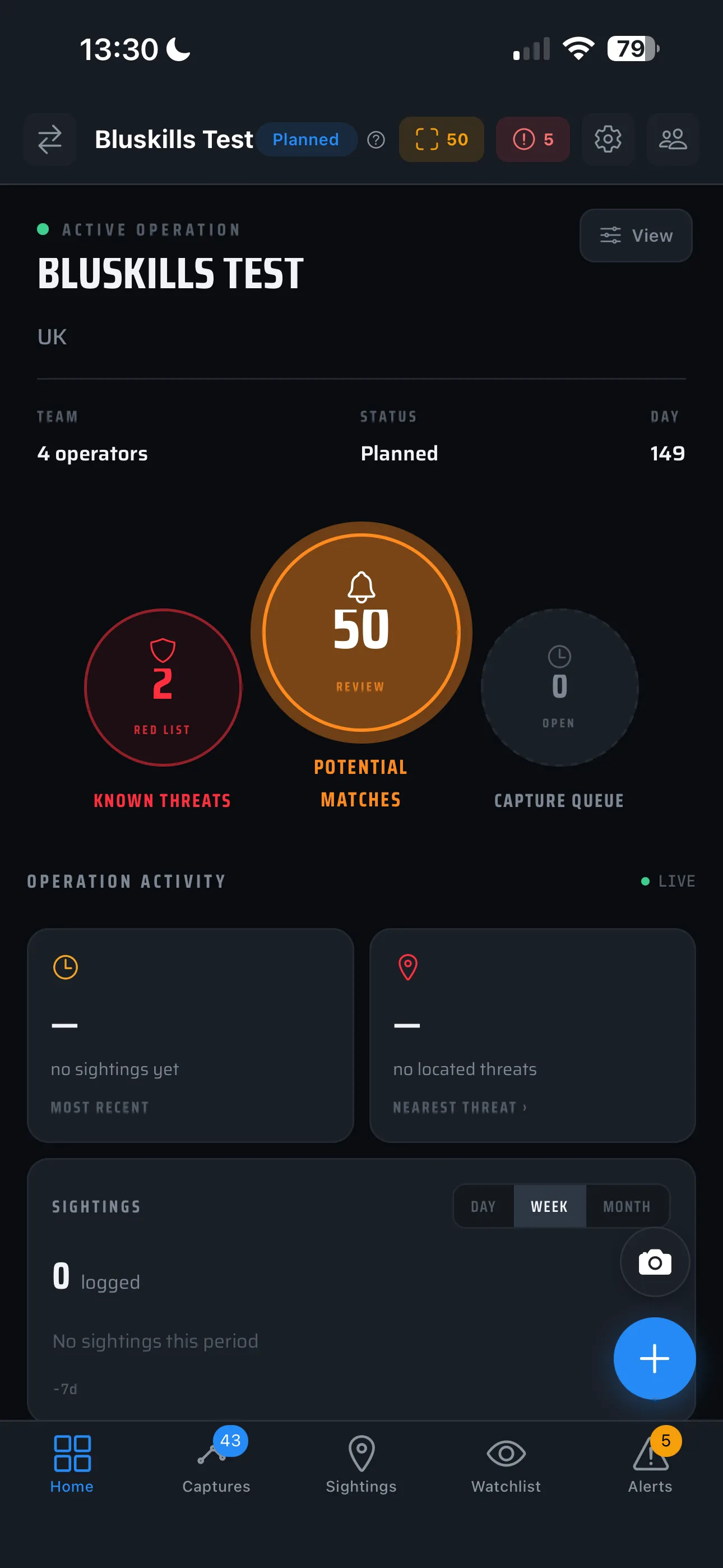 Threat Tracker mobile app showing an active operation with known threats, potential matches awaiting review, and a capture queue.