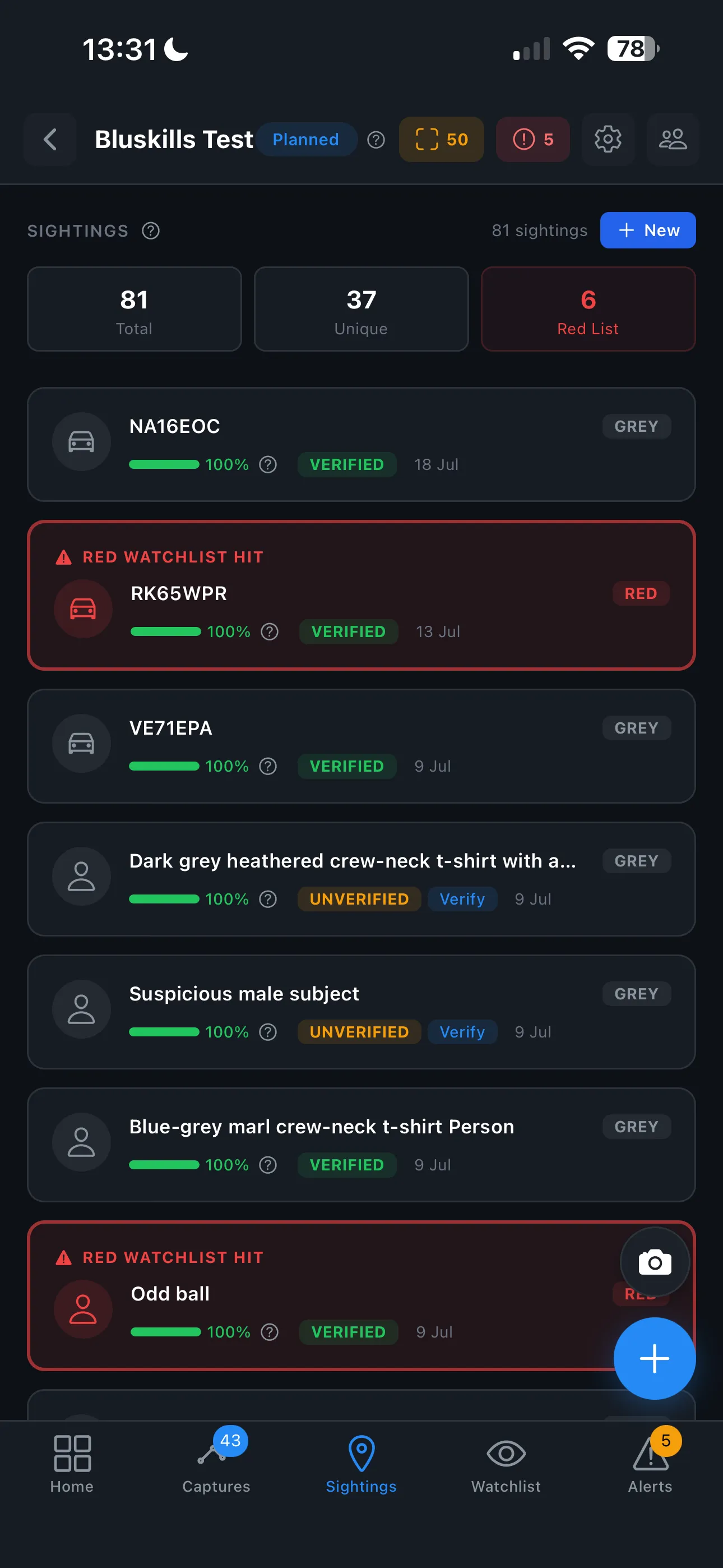 Sightings list showing match confidence scores, verified and unverified states, and red watchlist hits highlighted.