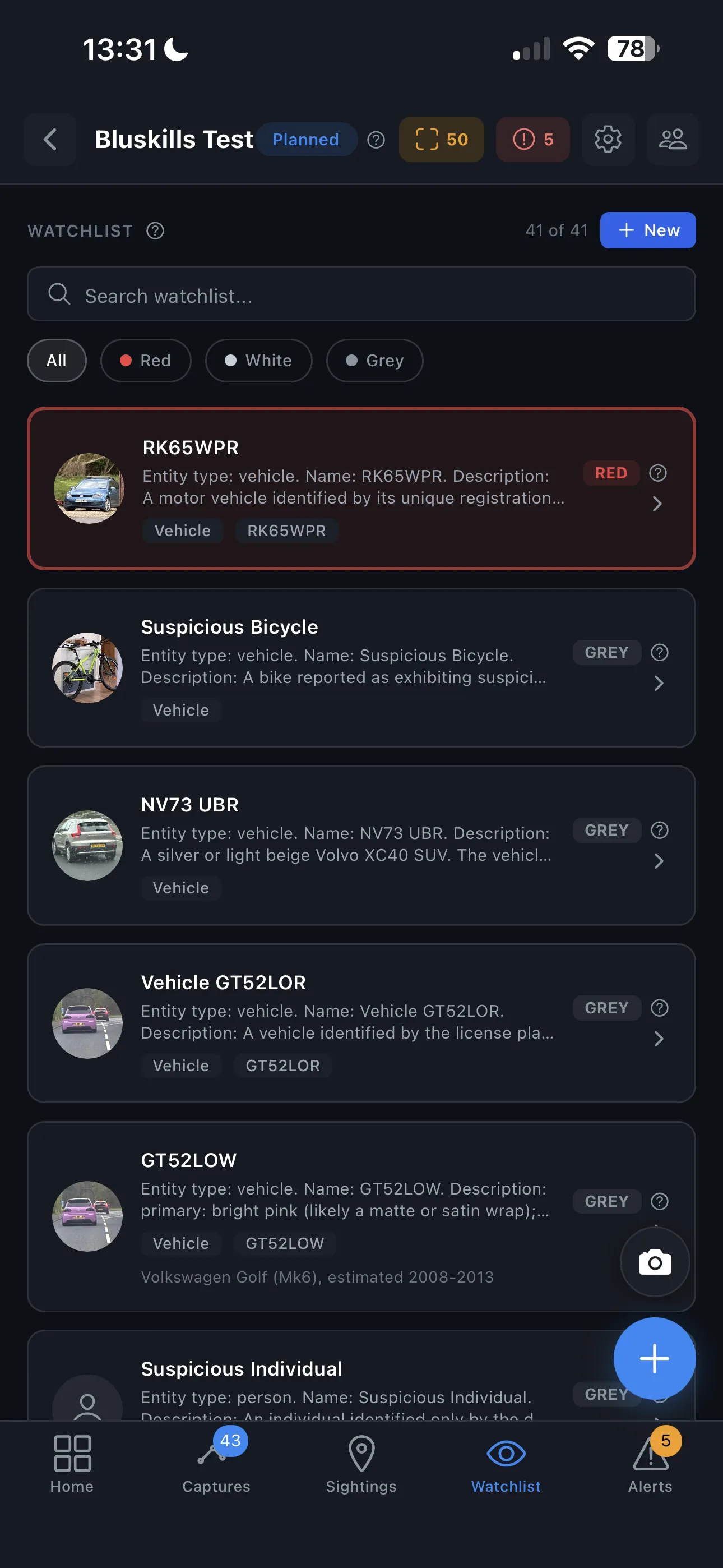 Watchlist screen with red, white and grey classifications for vehicle and person entities.