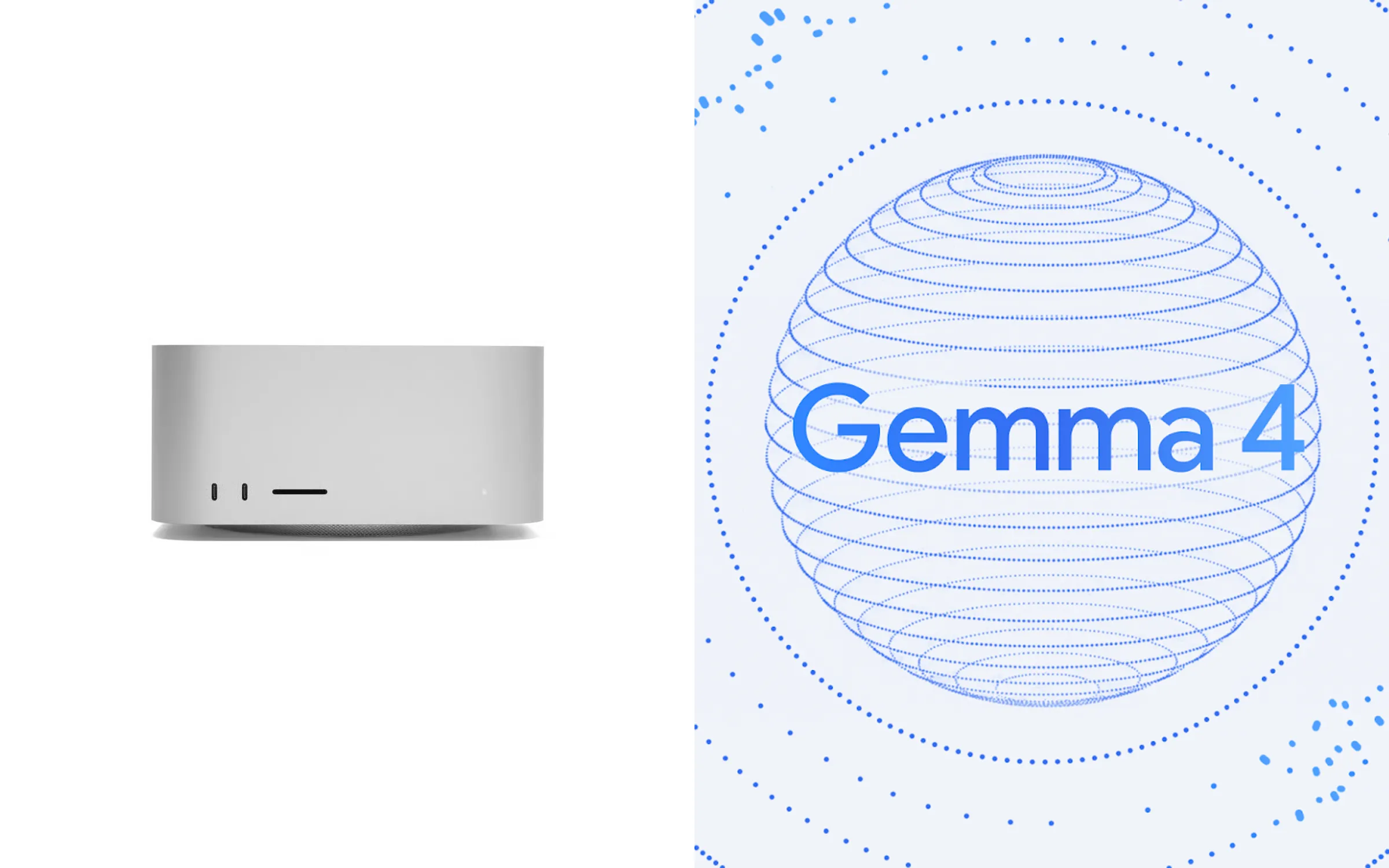 Concept hardware for the air-gapped platform, a Mac Studio beside the Gemma open-weight model mark.