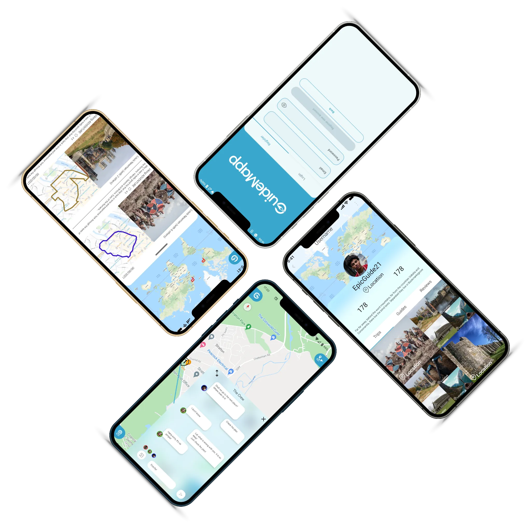 Four phones showing the GuideMapp app, with the map, guide discovery, group chat and a creator profile.