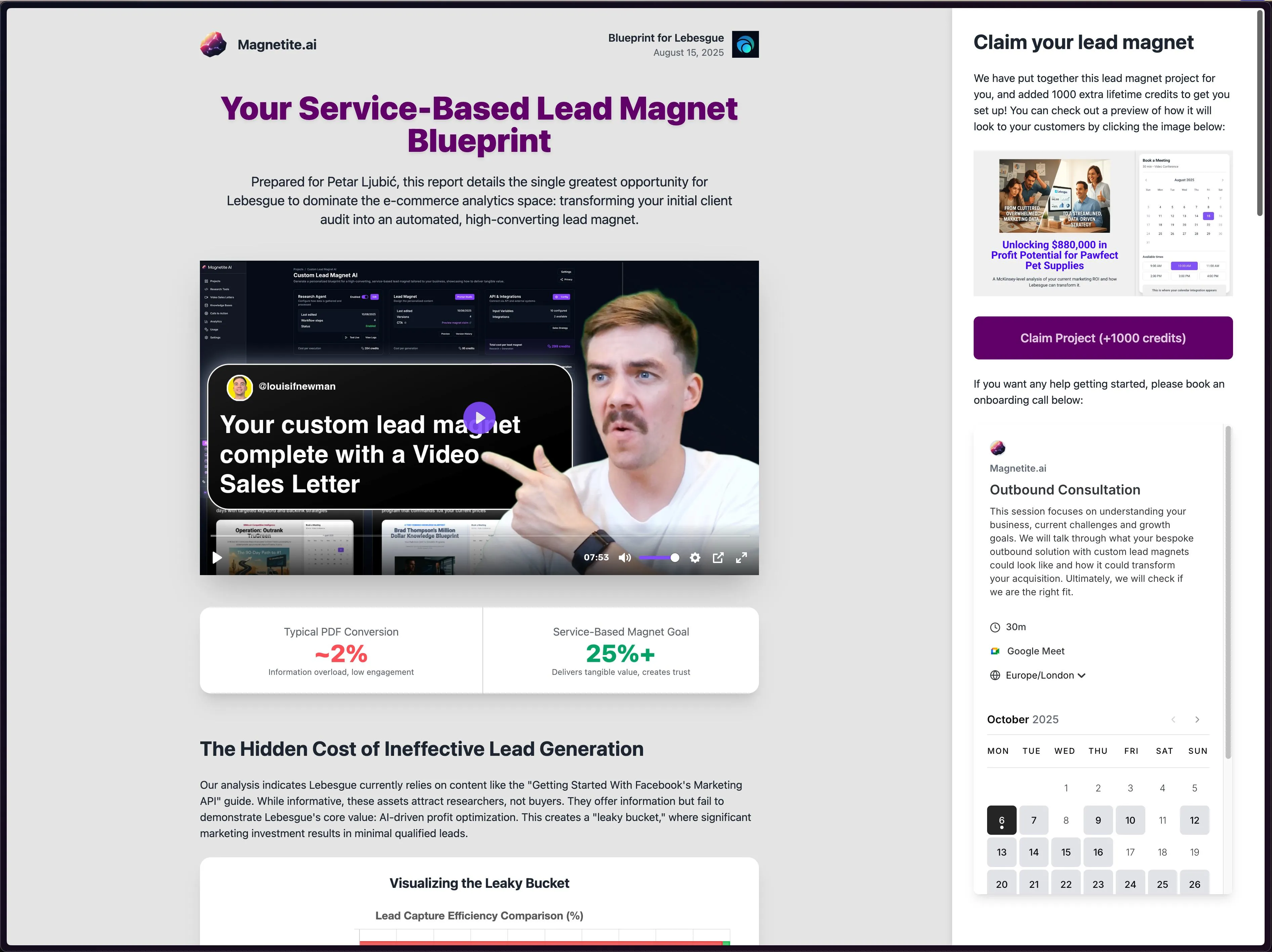A generated Magnetite deliverable, a personalised service-based lead magnet blueprint fronted by a custom video sales letter, with the claim flow and booking call beside it.