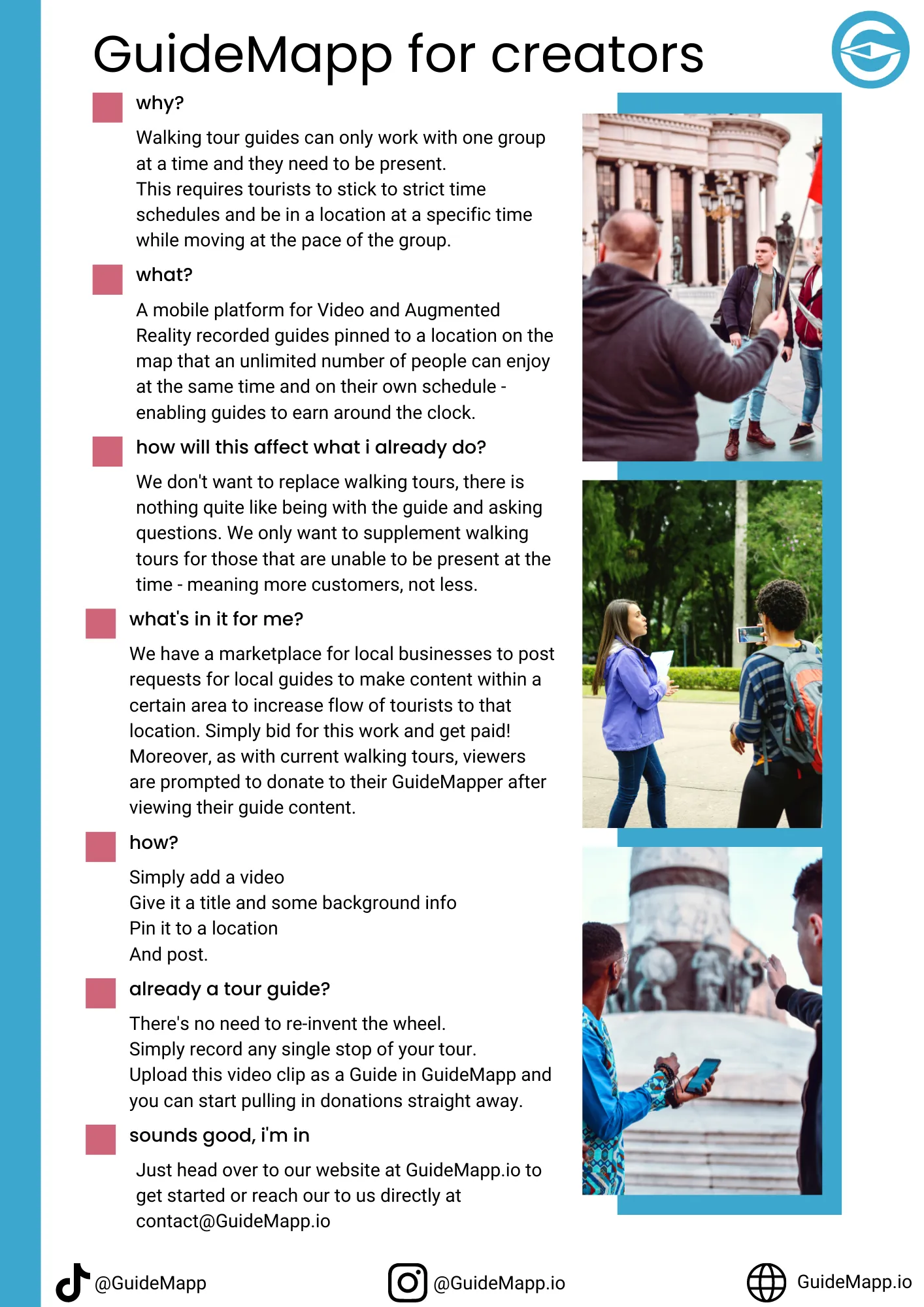GuideMapp for creators one-pager. Upload a video, title it, pin it to the map, post, and earn through donations.