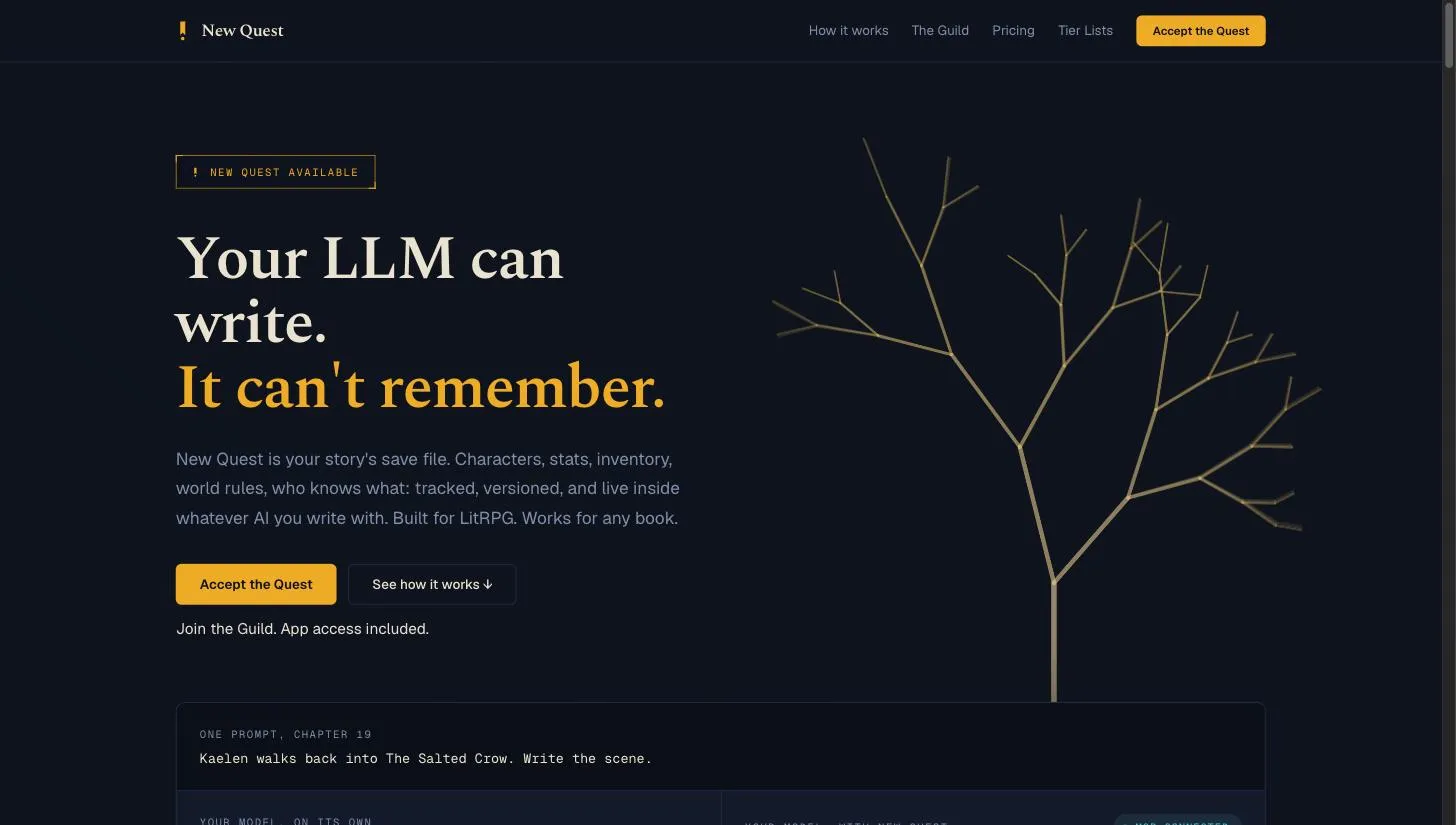 The newquest.app homepage with the line "Your LLM can write. It can't remember."