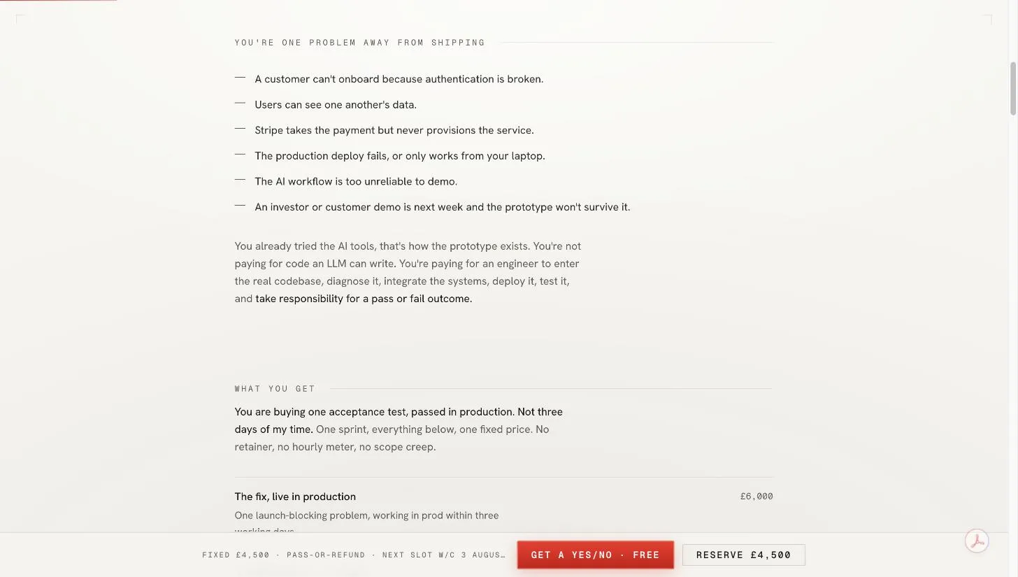 The quezzies.com section detailing what the Launch-Blocker Sprint covers and how the guarantee works.